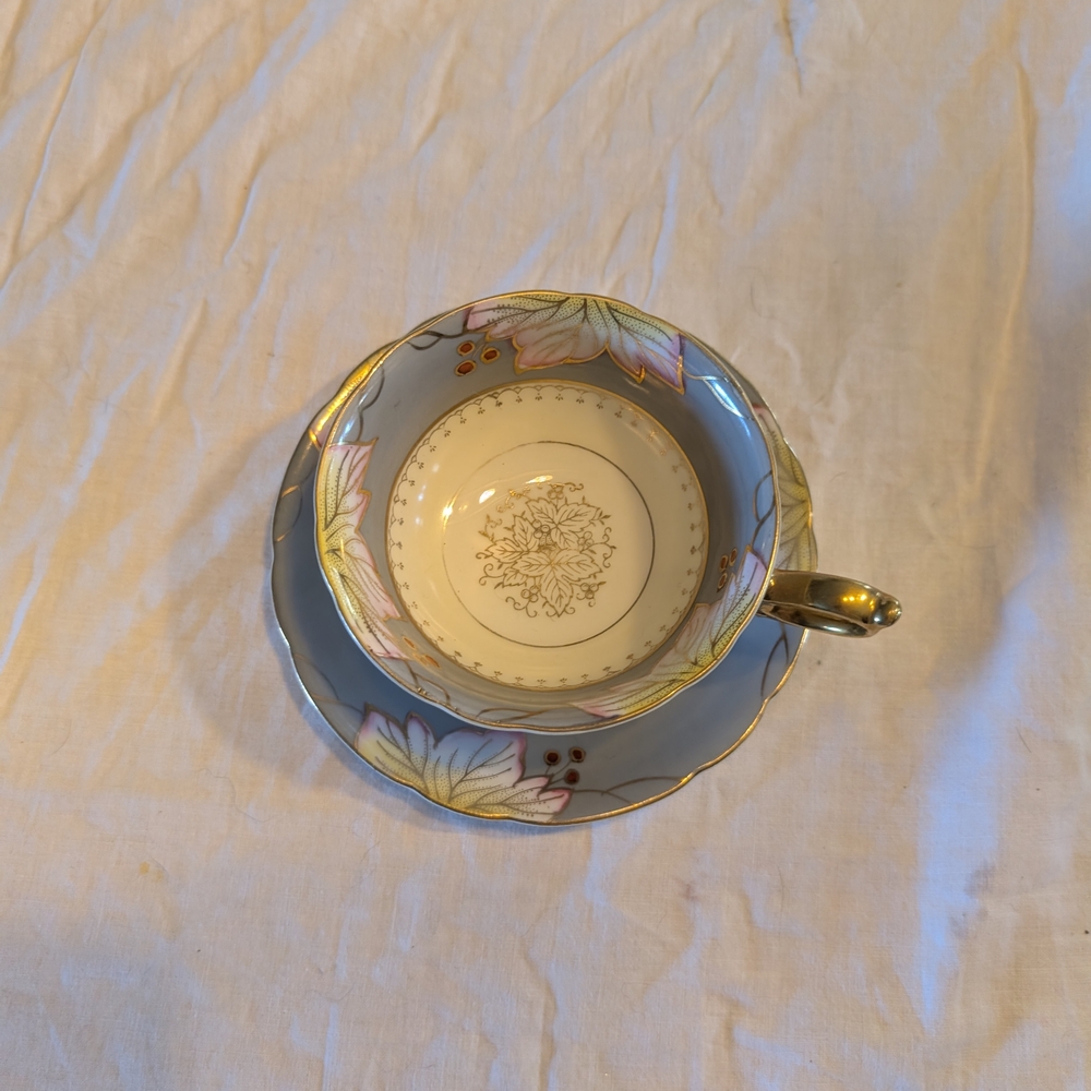 2/50$ Vintage-Style Gray Floral Porcelain Teacup and Saucer with Gold Handle - Picture 2 of 10